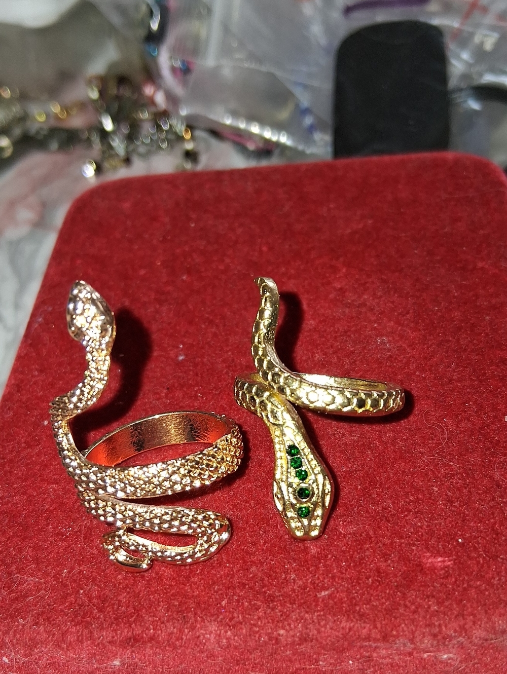 Source Unknown Gold Snake Coil Rings with Green Stone Detail